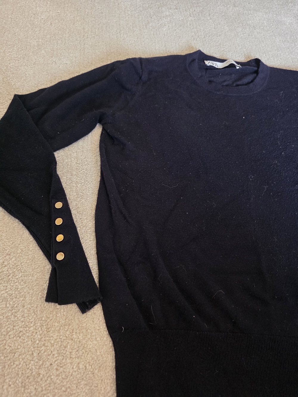 Navy Blue Crewneck Sweater with Gold Button Detail